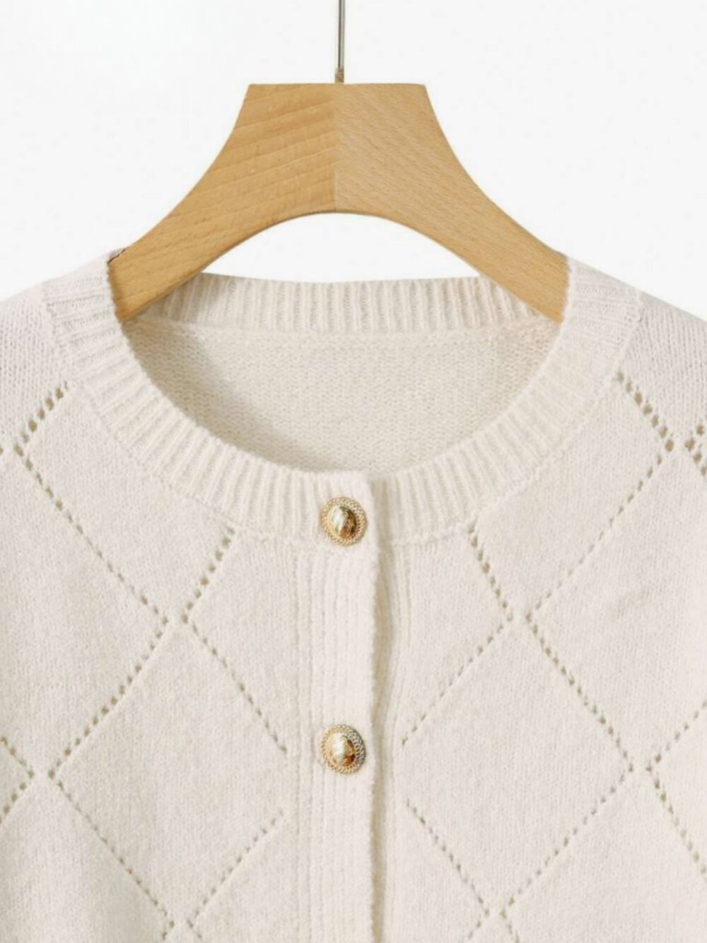 Women's White Wool Cable Knit Cardigan Gold Button Hollow Out Sweater Top - Picture 8 of 8